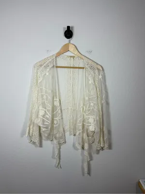 Boho Sheer Floral Embroidered Lace Kimono Crochet Scallop Festival L thumbnail 2