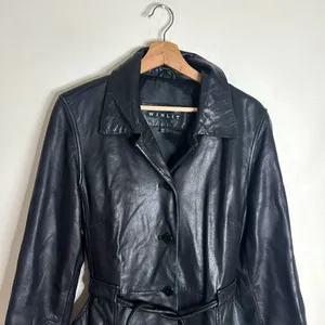 Vtg winlit ladies Y2K black leather jacket cinch waist size small retro‎ thumbnail 2
