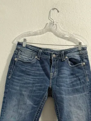 Miss Me Bootcut Jeans Medium Wash Embroidered Rhinestone Size 32 cut offs thumbnail 2
