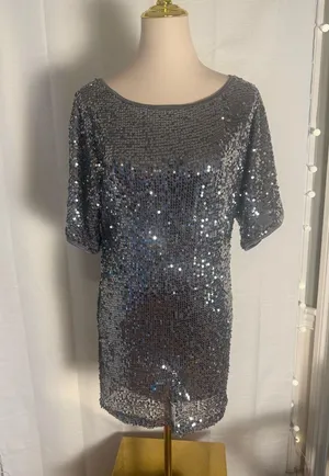 BKE Boutique Silver Sequin Mini Dress Short Sleeve Party Cocktail Size M thumbnail 8