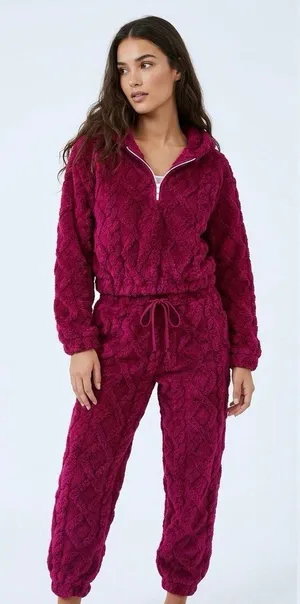 No Boundaries Women’s Wine Color Embossed Fleece Hoodie & Joggers Set size XS thumbnail 1