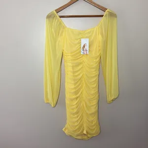 Pretty garden butter yellow mini‎ dress long sheer sleeves ruched body Size S thumbnail 7