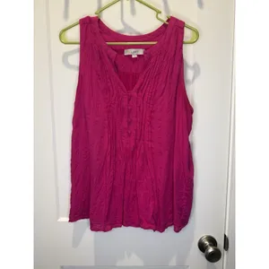 Loft Women’s Pink Y2K Pintucked Button Split Neck shell Large Blouse Sleeveless thumbnail 2