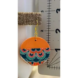 Boho Mandala Wood Fabric Drop Earrings Orange Teal Round Geometric Dangle thumbnail 2