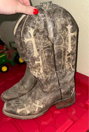 Women Brown And Beige Side Cross Embroidery Square Toe Circle G Cowboy Boot thumbnail 1