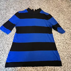 Ann Taylor Womens Mock Neck Striped Top Royal Blue Black Short Sleeve Size‎ M thumbnail 1