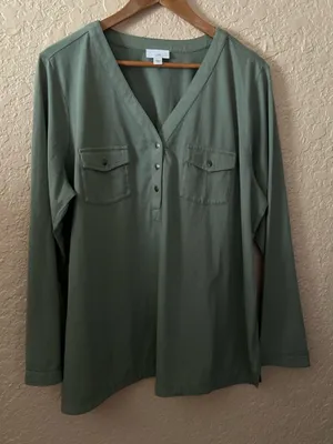 🩷 J. Jill Women Henley Top Large Green Long Sleeve V-Neck Utility Pockets Cotton thumbnail 11