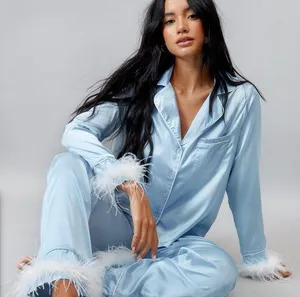 Nasty Gal Something blue embroidered feather pajama set, worn once thumbnail 1