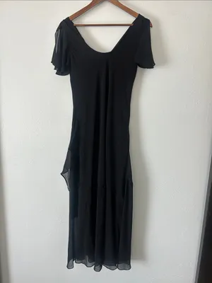 Eva Blue Black Draped Cowl Neck Drop Waist Midi Ruffle Dress w Flutter Sleeve thumbnail 5