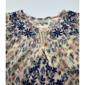 World Market Floral Embroidered Peasant Blouse Cream Blue‎ Pink S/M Smocked Top thumbnail 6