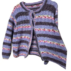 Handmade Hand Crocheted Purple Striped Cardigan 3 Button Crew Neck Sweater L/XL thumbnail 4