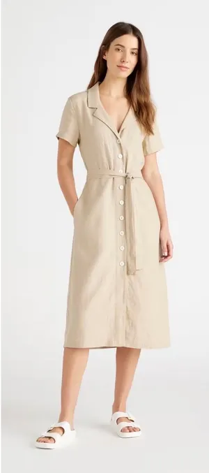 Quince 100% European Linen Button Front Belted Midi Shirt Dress Sand Beige L thumbnail 1