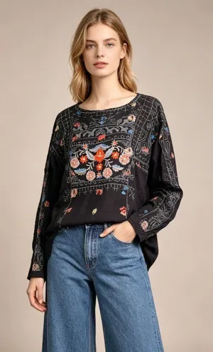 NWOT Johnny Was Biya Silk Embroidered Floral Boho Shirt Blouse Black Sz L thumbnail 1