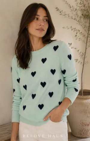 J.Crew 100% Cashmere Heart Print Sweater Mint Green Navy Blue Hearts XL Crewneck thumbnail 1