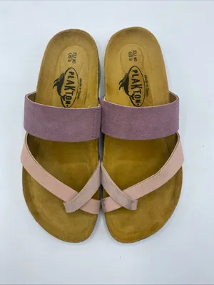 Plakton Cross Strap Leather Slide Sandals Memory Cushion Purple Pink US 9 Cork thumbnail 5