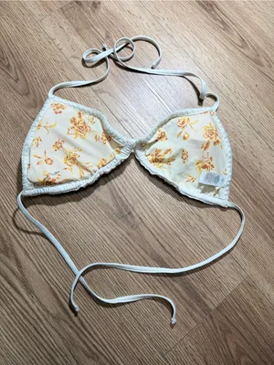 AERIE Crochet Triangle Bikini Top White Cream Tie String Size L thumbnail 2