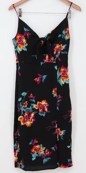 One Clothing Midi Dress Women's S Black Floral Tie Front Slit thumbnail 1