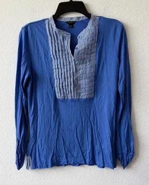 Ann Taylor Petite Blue 3/4 Sleeve Pleat Front Blouse Size MP thumbnail 1
