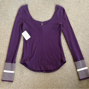 NWT Free People Mod Stripe Cuff Waffle Knit Top Purple Size Medium thumbnail 9