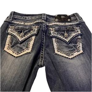 Miss Me Sz 28 STYLE XP 7035B RELAXED Boot Jeans Embellish Dark Blue Distress thumbnail 5