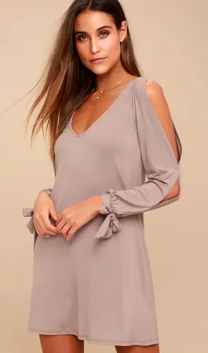 Lulus Glory of Love Taupe Cold Shoulder Shift Dress Extra Small thumbnail 1