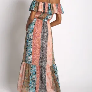 NWOT Sans Souci Off Shoulder Patch Print Maxi Dress Elastic Tie Waist M Tan Blue thumbnail 5