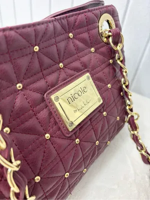 Nicole Miller Quilted Shoulder Bag‎ in Burgundy with Gold Hardware thumbnail 6