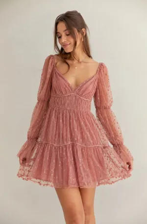ASOS Design Pink Polka Dot Mesh Long Sleeve Sweetheart Tiered Dress Size 8 New thumbnail 1