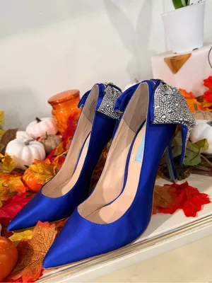 Betsey Johnson Royal Blue Satin Pointed Toe Heels with Crystal Bow thumbnail 6