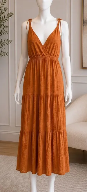 Lush Womens Maxi Dress Camel Tiered Surplice Tie Strap Boho Small thumbnail 1