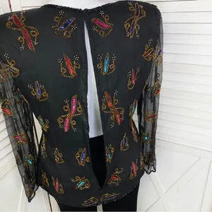 Stenay Vintage Sequin‎ Beaded Silk Blouse Black Multi XL thumbnail 7