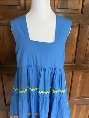 NWT Anthropologie The Helena Square Neck Tiered Ric Rac Blue Motif Dress Small S thumbnail 3