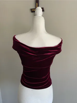 Reformation Off-Shoulder Velvet Crop Top in Burgundy thumbnail 3