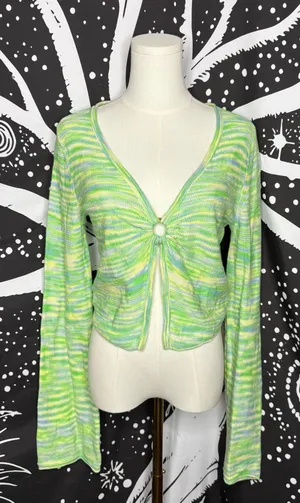 American Eagle Outfitters Lime Green Multi-Stripe Long Sleeve Knit Tank/Cardigan thumbnail 1