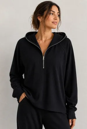 Hello Nite Ribbed‎ Quarter Zip Hoodie Womens S Black Minimalist Raglan H4D-09V61 thumbnail 1