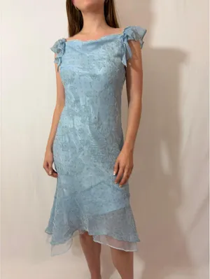 Light Blue Rose Floral Velvet Ruffle Japanese Vintage Formal Coquette Dress thumbnail 9