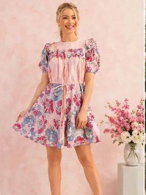 Gigio Pink Floral Ruffle Puff Sleeve Dress Size Large thumbnail 5