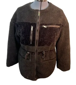 Milligram Womens Teddy Jacket Full Zip Black Zipper Pocket Faux Suede Drawstring thumbnail 1