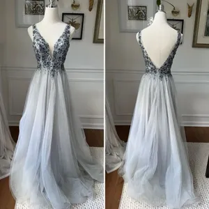 Dave & Johnny Grey Navy Blue Beaded Prom Dress Formal Ball Gown $438 0 thumbnail 2