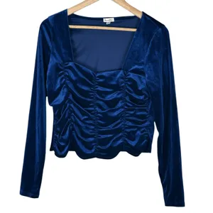 Love Fire Ruched Square Neck Solid Velvet Crop Top Blue Goth Aesthetic Size L thumbnail 2