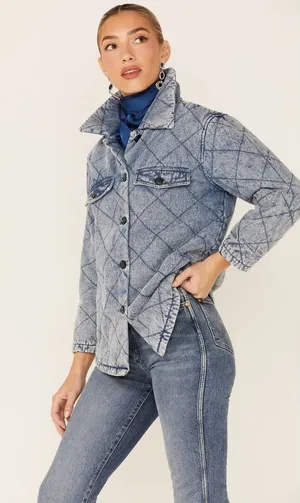 Vigoss Womens Cotton Denim Jacket L Blue Quilted Acid‎ Wash Shacket Western Boho thumbnail 1