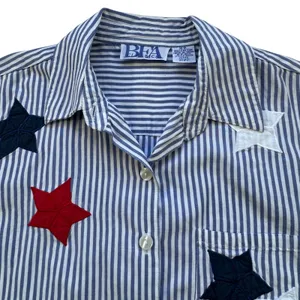 BFA Classics Blue White Striped Shirt Womens Med Petite Star Patriotic‎ Vintage thumbnail 3