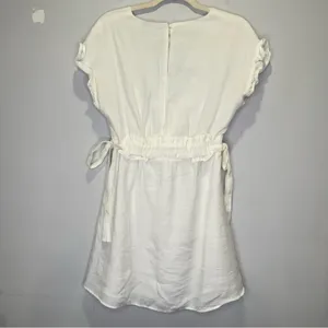 🍁 Zara Ruffle V-neck Mini Dress‎ Cinched Waist Ties White Small thumbnail 3