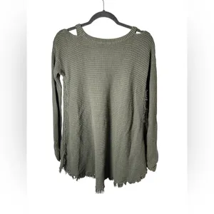 Free People Distressed Waffle Knit‎ Cold Shoulder Sweater Small Olive Green thumbnail 6