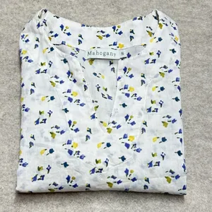 Mahogany Floral Cotton Tunic Top White Blue‎ Yellow Split Neck 3/4 Sleeve Small thumbnail 1