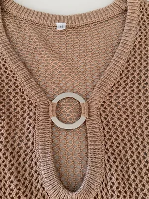 Open-Knit Long Sleeve Swim Coverup Tunic in Tan with Ring Detail thumbnail 2