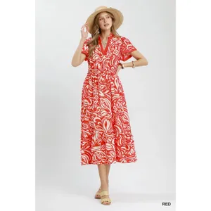 Umgee Paisley Print Midi Dress‎ with Side Pockets - Red - Small thumbnail 4