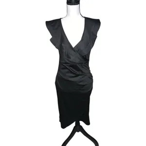 Women's V Neck Ruffle and Trim Wrap Hem Cap Sleeve Bodycon Midi Dress Satin Black thumbnail 3