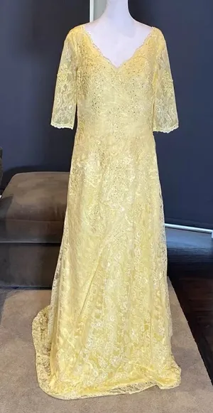 Women’s Yellow Lace Full Length Dress Mother of the Bride Small Train Zip Size L thumbnail 1