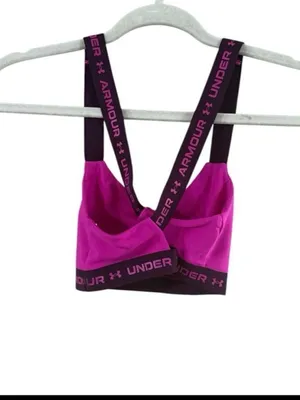 Under Armour Women's Bright Magenta Sports Bra with Black Logo Straps thumbnail 3